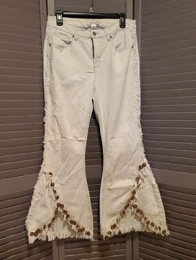 Gemma + Jane Ice Wash Stretch Flare Frayed Jeans with Coin Accents Size 8